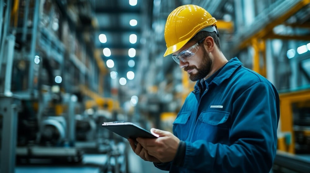 Factory operator looking at data instructions on tablet on plant floor WEB Factory operator looking at data instructions on tablet on plant floor WEB